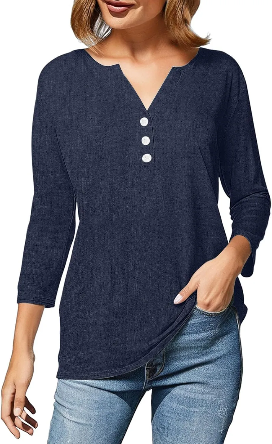 Womens Cotton Linen 3/4 Sleeve Tops Button Down Casual V Neck Tshirt Solid Color Basic Tee Shirts Summer Tunic Blouse