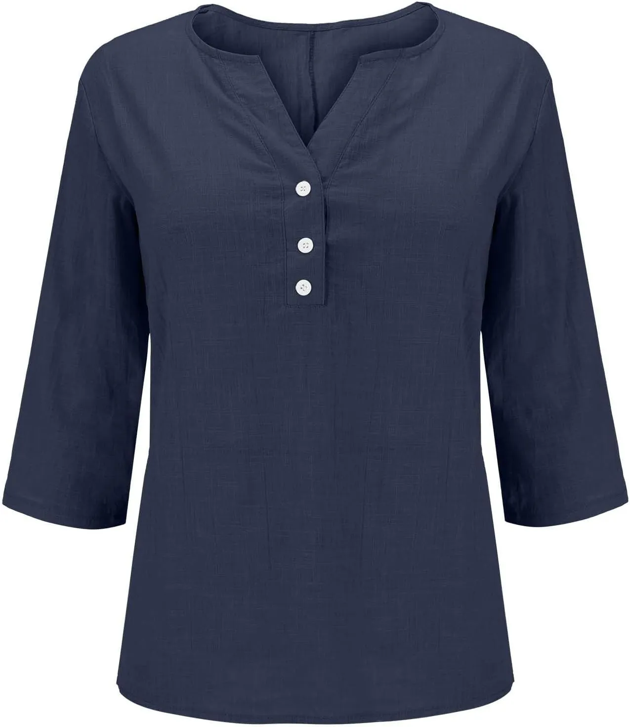 Womens Cotton Linen 3/4 Sleeve Tops Button Down Casual V Neck Tshirt Solid Color Basic Tee Shirts Summer Tunic Blouse