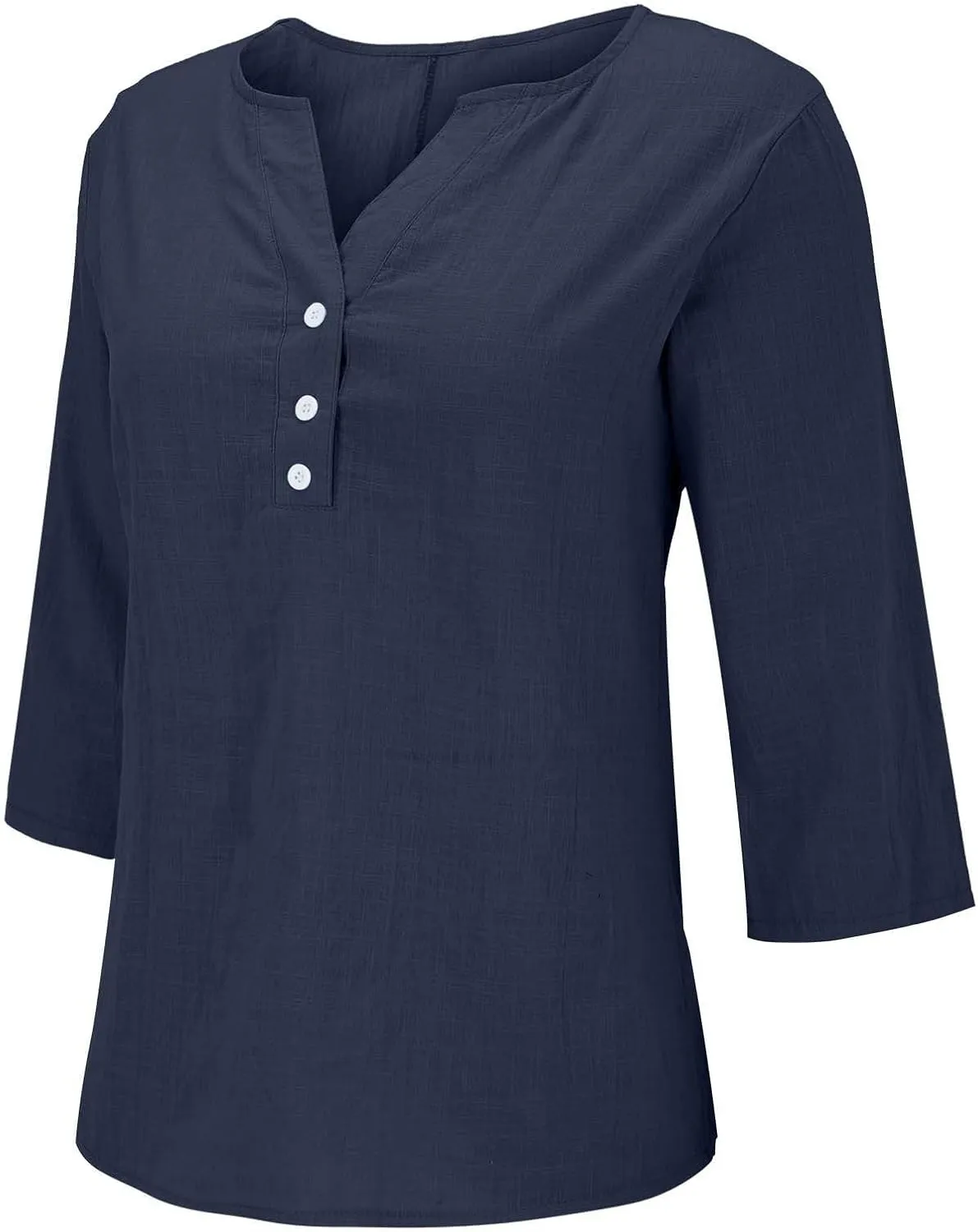 Womens Cotton Linen 3/4 Sleeve Tops Button Down Casual V Neck Tshirt Solid Color Basic Tee Shirts Summer Tunic Blouse