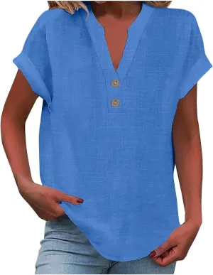Women's Cotton Linen Shirts Summer Short Sleeve Roll Up Loose Casual Blouse V Neck Solid Button Down Trendy Tees Top