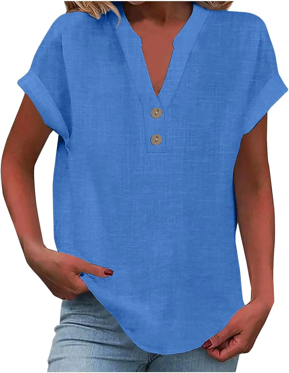 Women's Cotton Linen Shirts Summer Short Sleeve Roll Up Loose Casual Blouse V Neck Solid Button Down Trendy Tees Top