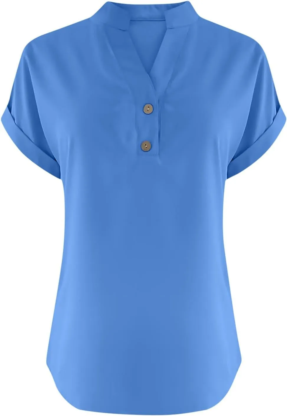 Women's Cotton Linen Shirts Summer Short Sleeve Roll Up Loose Casual Blouse V Neck Solid Button Down Trendy Tees Top