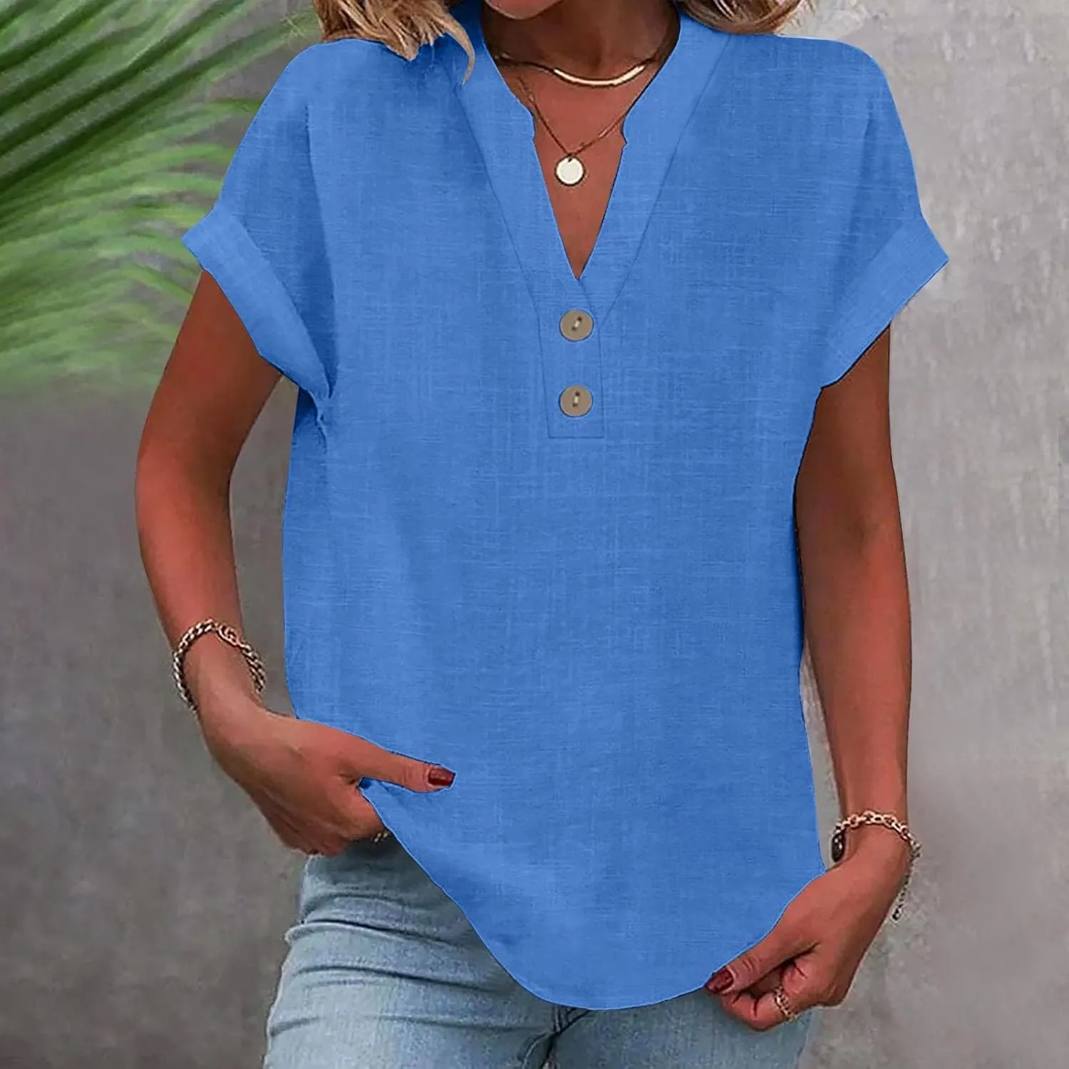 Women's Cotton Linen Shirts Summer Short Sleeve Roll Up Loose Casual Blouse V Neck Solid Button Down Trendy Tees Top