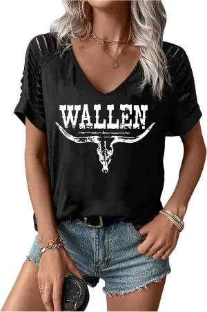 Womens Cut Out Cold Shoulder T Shirts Boho Floral Graphic Tshirts Nashville Country Lacerated Sleeve Cowgirls Tee Tops