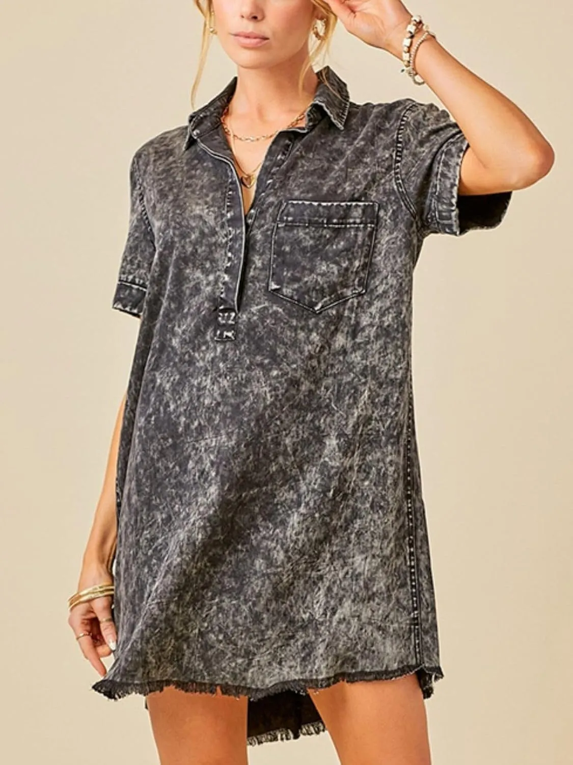 Women's Denim Shirt Dress Short Sleeve V Neck Casual T Shirt Cover Up Jean Dress Frayed Hem Dress with Pocket