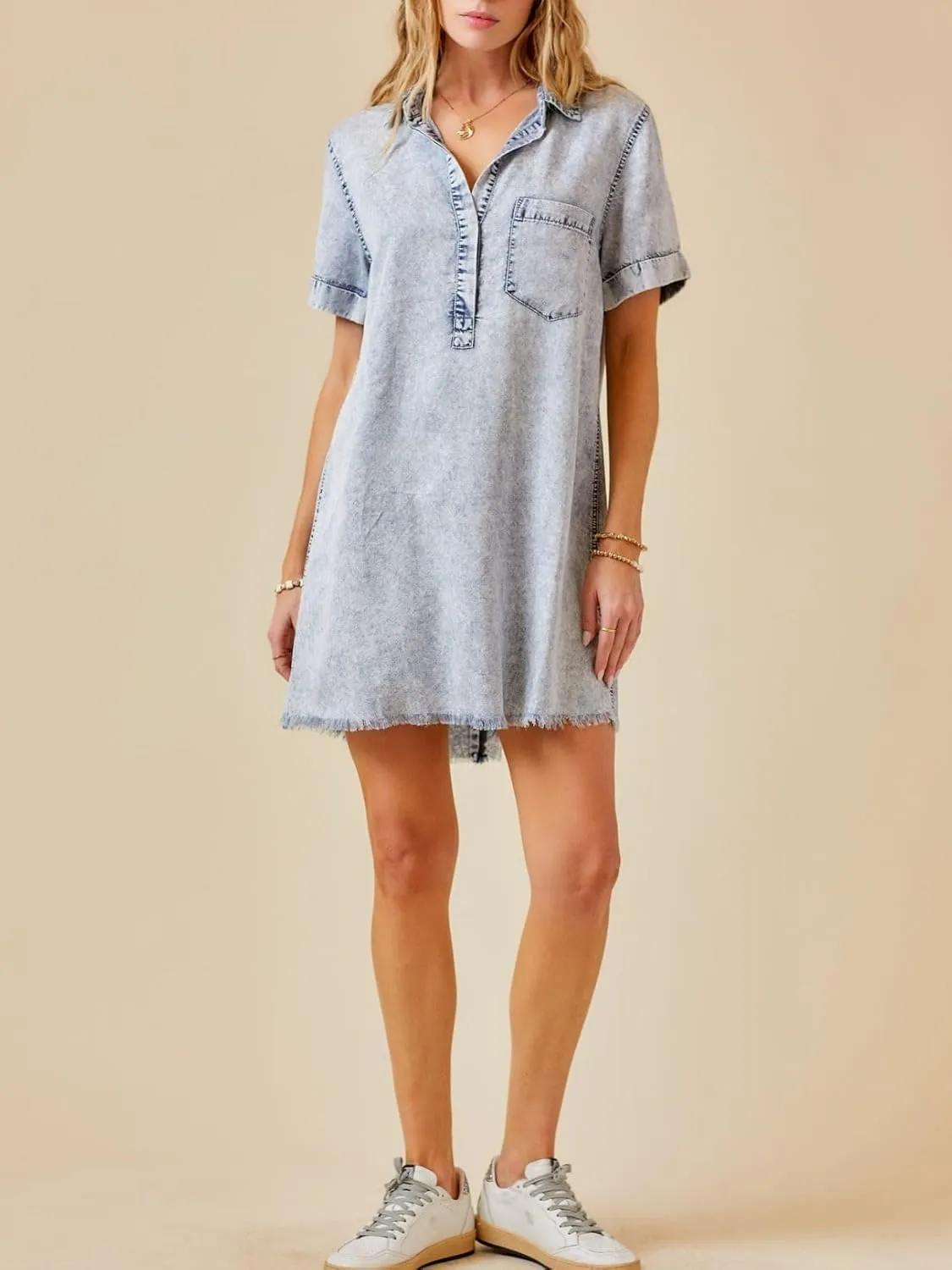 Women's Denim Shirt Dress Short Sleeve V Neck Casual T Shirt Cover Up Jean Dress Frayed Hem Dress with Pocket
