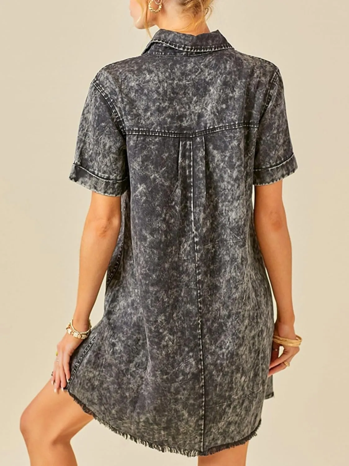 Women's Denim Shirt Dress Short Sleeve V Neck Casual T Shirt Cover Up Jean Dress Frayed Hem Dress with Pocket