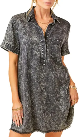 Women's Denim Shirt Dress Short Sleeve V Neck Casual T Shirt Cover Up Jean Dress Frayed Hem Dress with Pocket