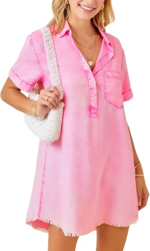 Women's Denim Shirt Dress Short Sleeve V Neck Casual T Shirt Cover Up Jean Dress Frayed Hem Dress with Pocket