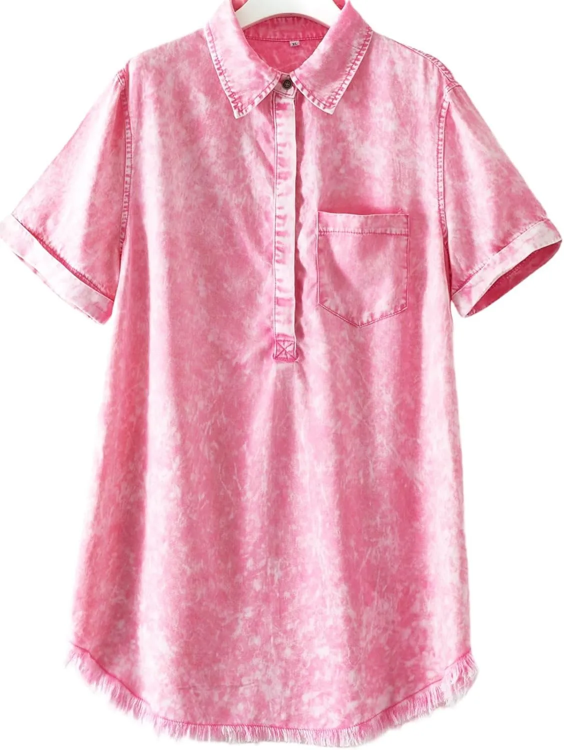 Women's Denim Shirt Dress Short Sleeve V Neck Casual T Shirt Cover Up Jean Dress Frayed Hem Dress with Pocket