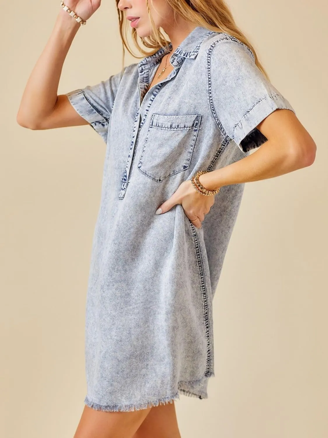 Women's Denim Shirt Dress Short Sleeve V Neck Casual T Shirt Cover Up Jean Dress Frayed Hem Dress with Pocket