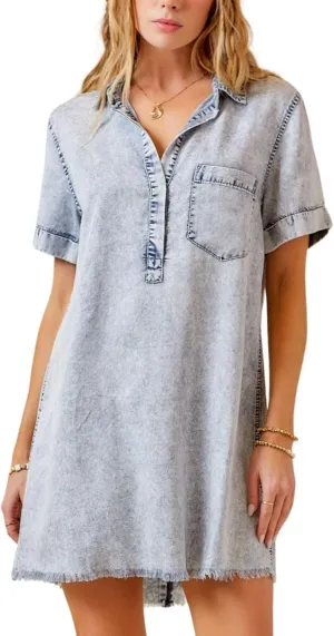 Women's Denim Shirt Dress Short Sleeve V Neck Casual T Shirt Cover Up Jean Dress Frayed Hem Dress with Pocket