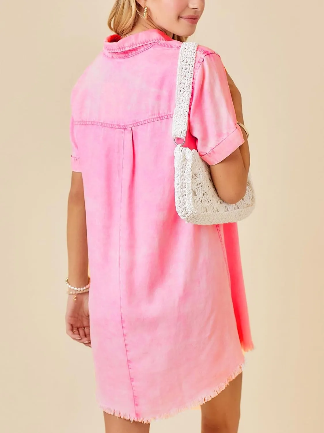 Women's Denim Shirt Dress Short Sleeve V Neck Casual T Shirt Cover Up Jean Dress Frayed Hem Dress with Pocket