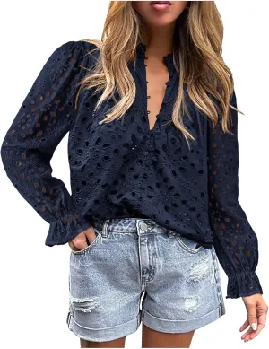 Women's Dressy Casual Blouse Tops Fall Puff Long Sleeve Button V Neck Hollow Out Lace Embroidered Shirts