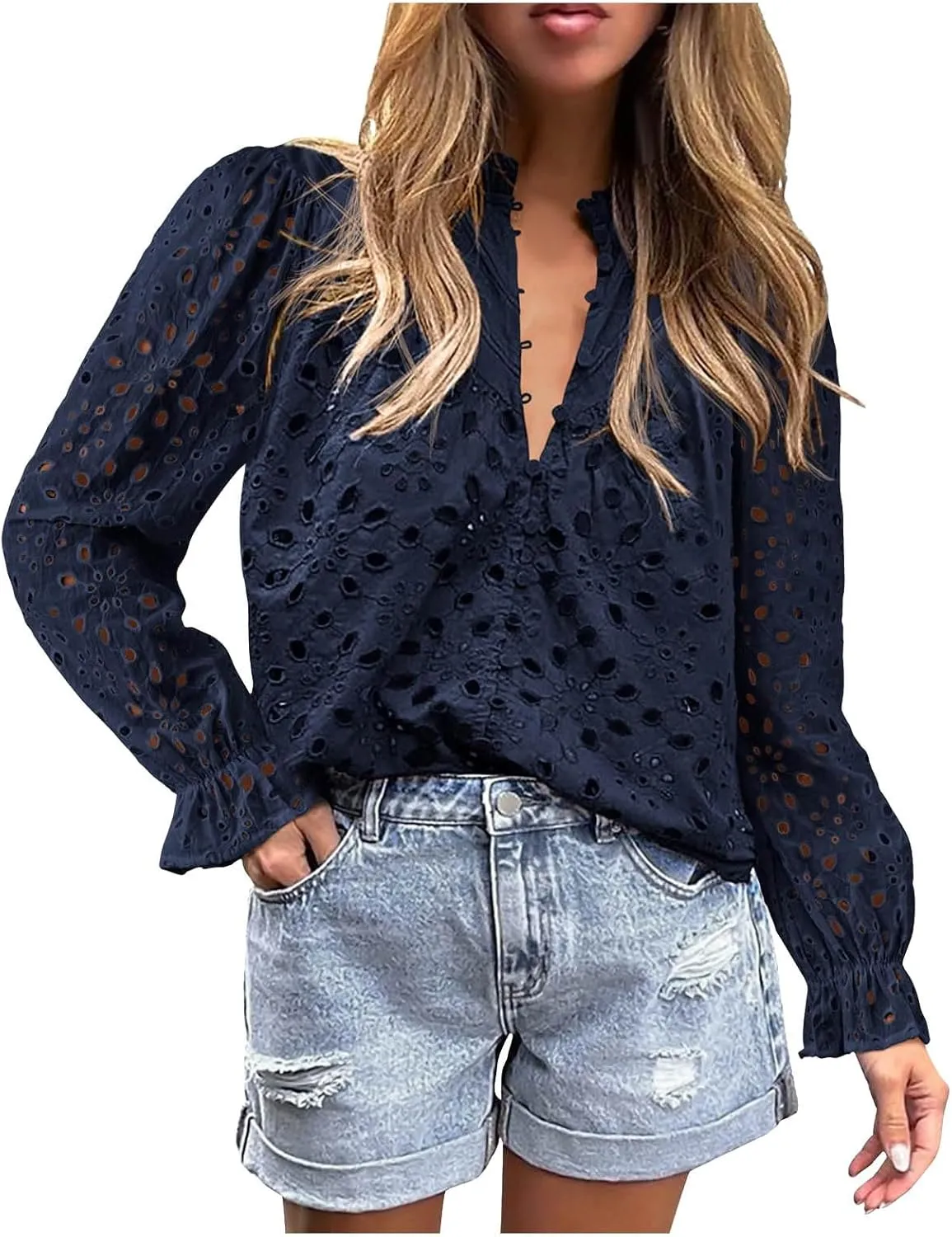 Women's Dressy Casual Blouse Tops Fall Puff Long Sleeve Button V Neck Hollow Out Lace Embroidered Shirts
