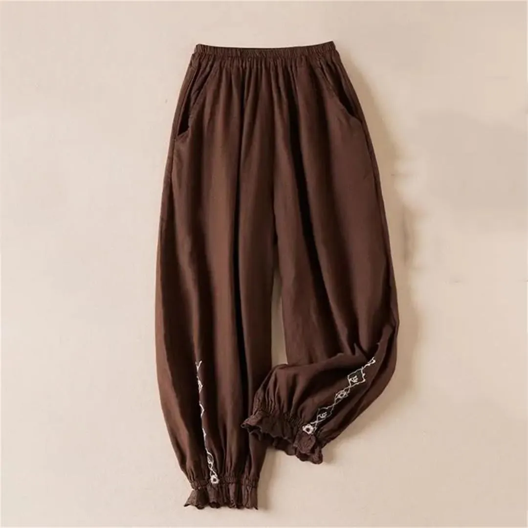 Women's Embroidered Lace Wide Leg Pants Retro Stretch High Waist Tie Loose Palazzo Trousers