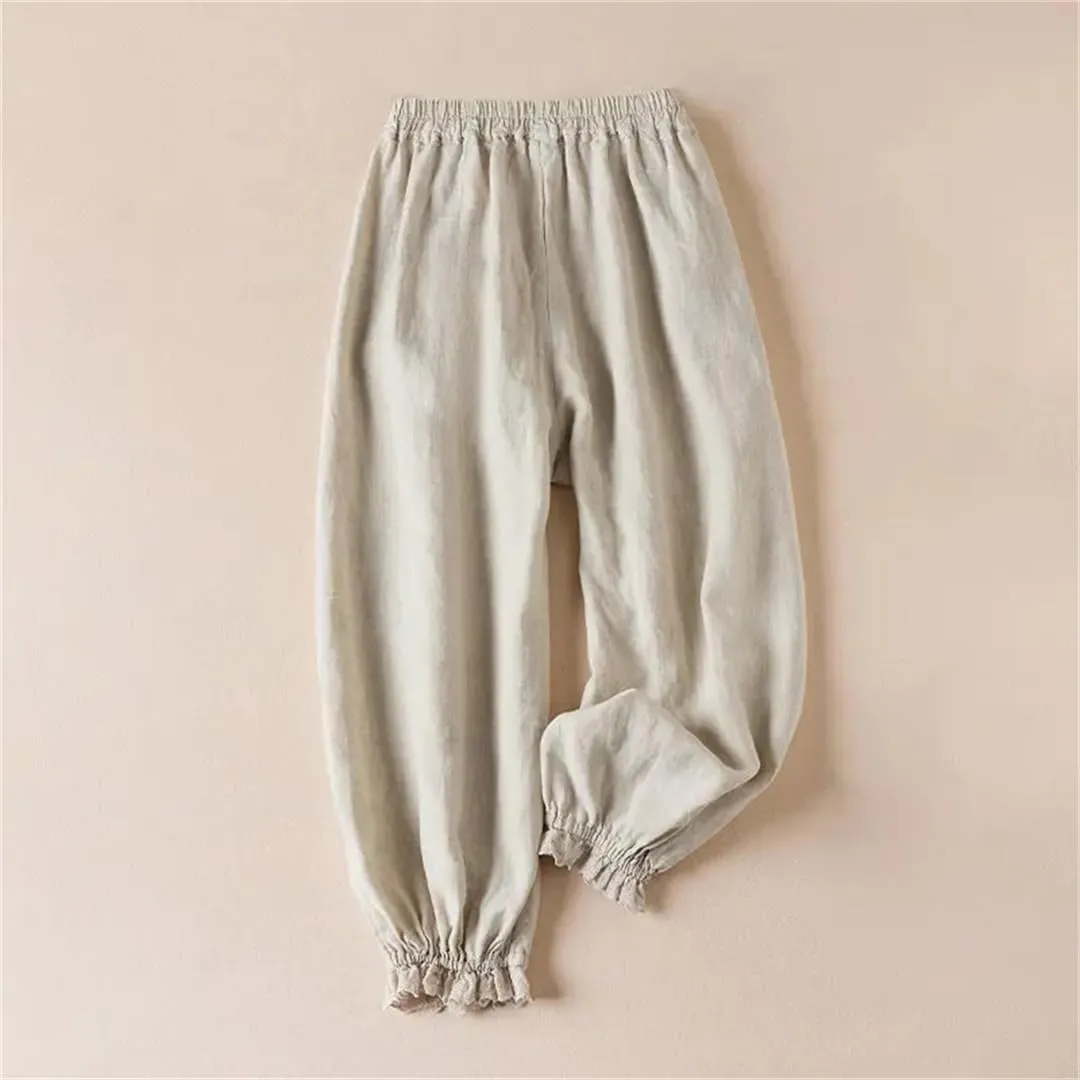 Women's Embroidered Lace Wide Leg Pants Retro Stretch High Waist Tie Loose Palazzo Trousers