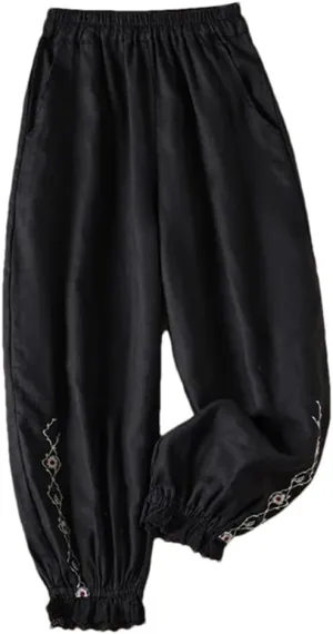 Women's Embroidered Lace Wide Leg Pants Retro Stretch High Waist Tie Loose Palazzo Trousers