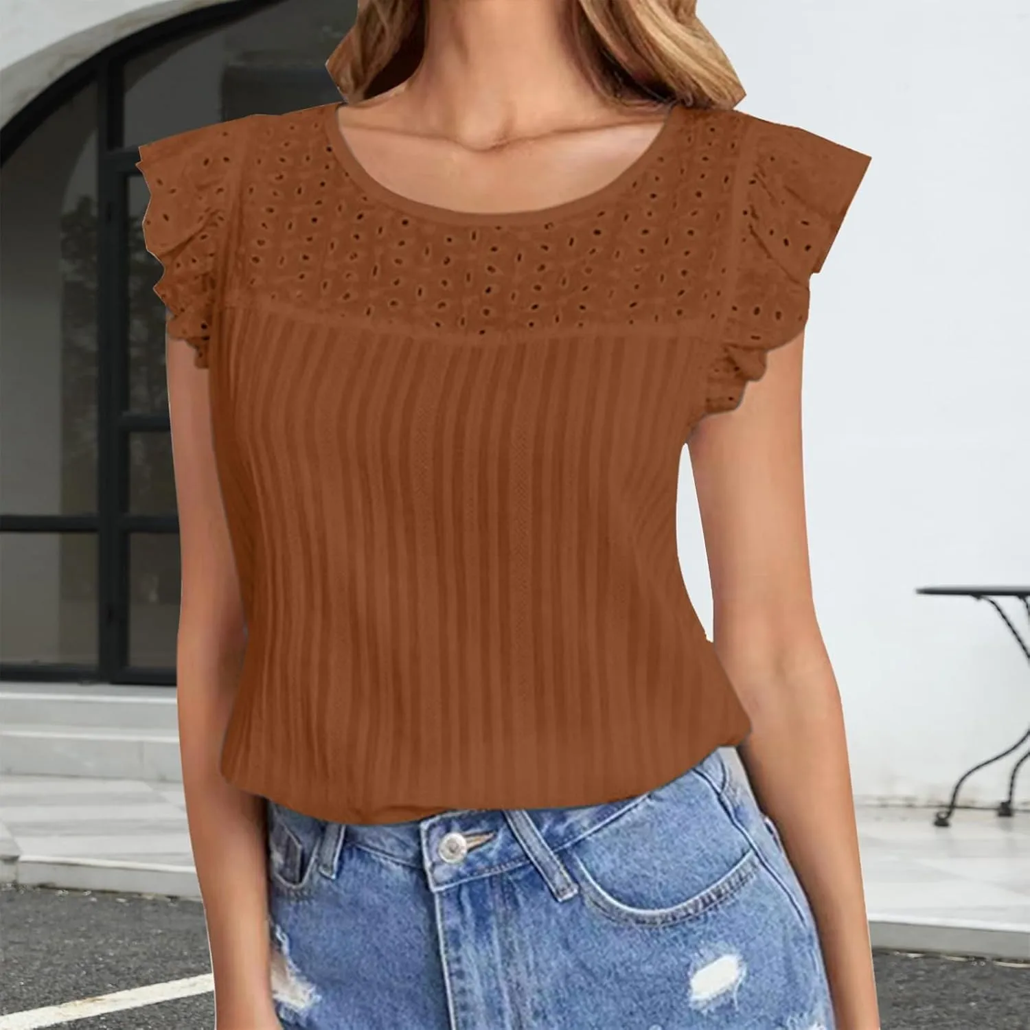 Womens Eyelet Ruffle Sleeve Crew Neck Tank Top Summer Casual Hollow Out Embroidered Loose Fit Blouse T Shirts