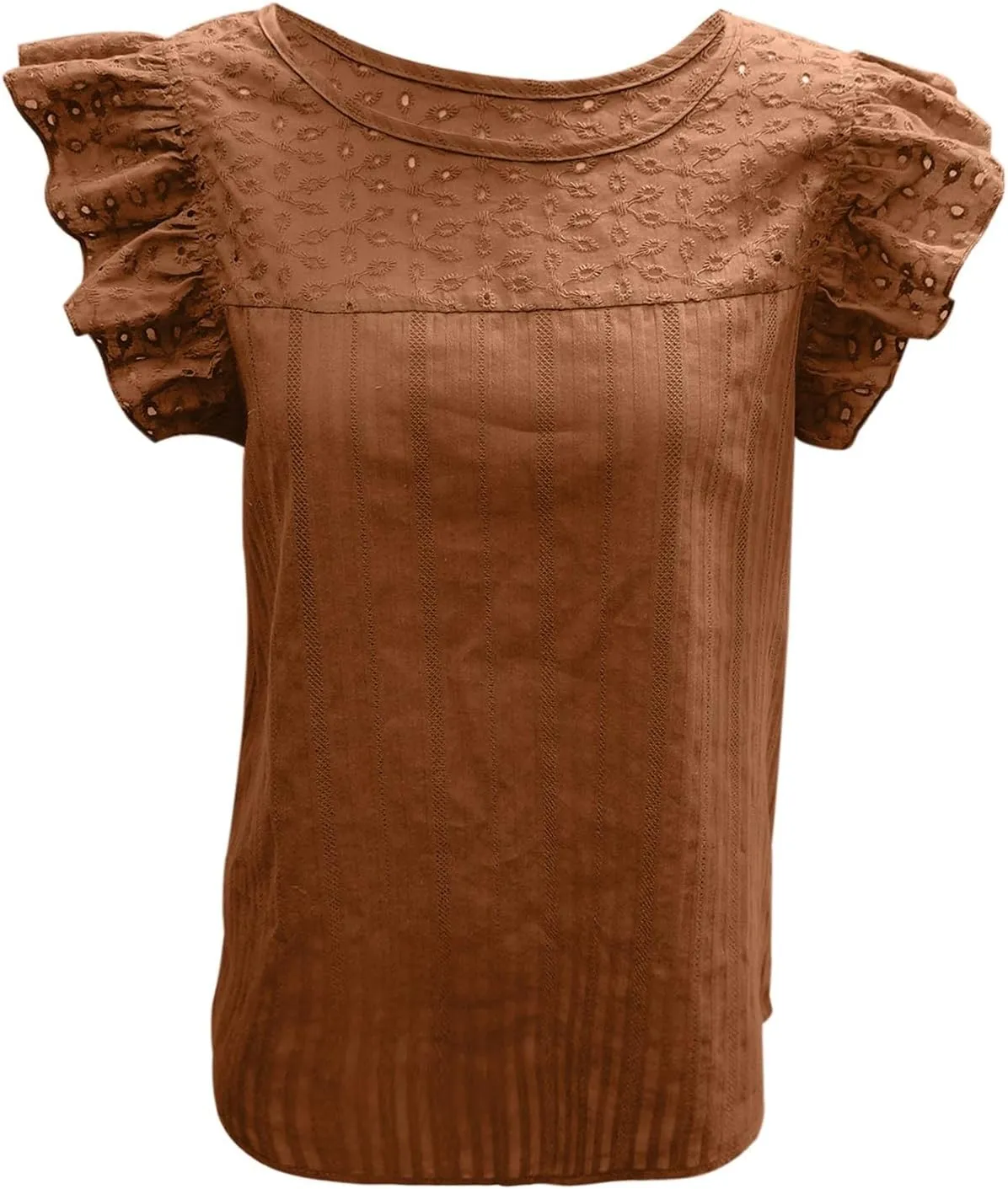 Womens Eyelet Ruffle Sleeve Crew Neck Tank Top Summer Casual Hollow Out Embroidered Loose Fit Blouse T Shirts
