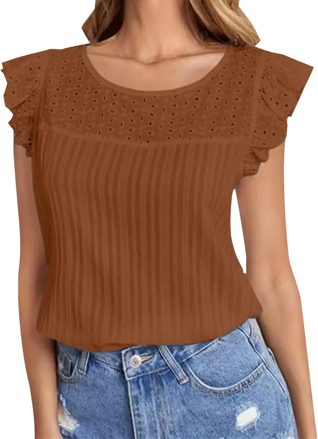 Womens Eyelet Ruffle Sleeve Crew Neck Tank Top Summer Casual Hollow Out Embroidered Loose Fit Blouse T Shirts