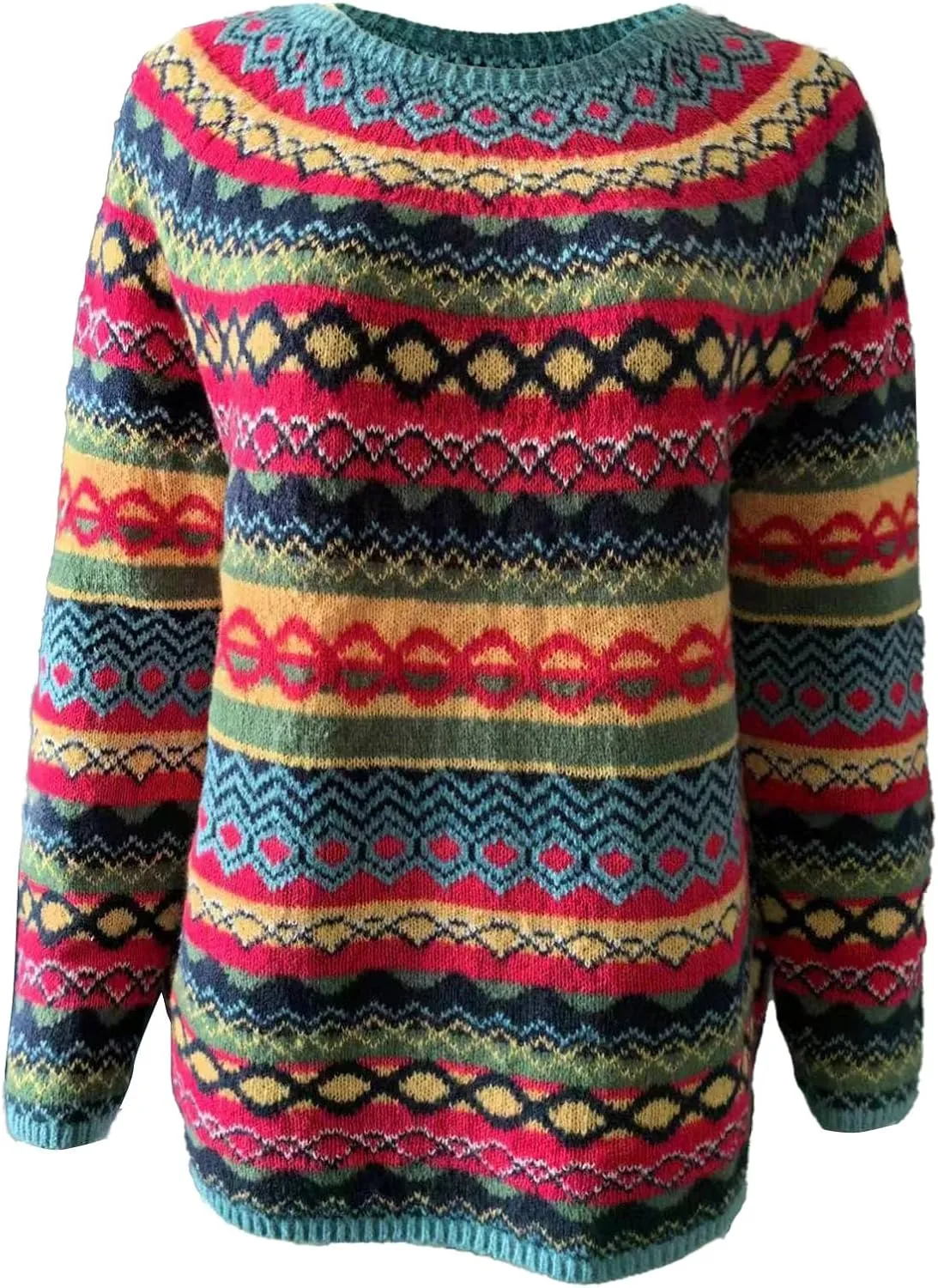 Women's Fair Isle Knitted Sweater Vintage Long Sleeve Crewneck Retro Lightweight Pullover Sweater Top for Fall Winter