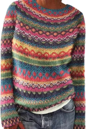 Women's Fair Isle Knitted Sweater Vintage Long Sleeve Crewneck Retro Lightweight Pullover Sweater Top for Fall Winter