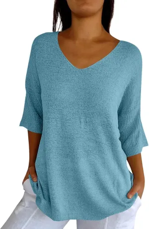 Women's Fall 3/4 Sleeve Sweaters 2024 Casual Crewneck Ribbed Knit Flower Striped Loose Pullover Tops Plus Size