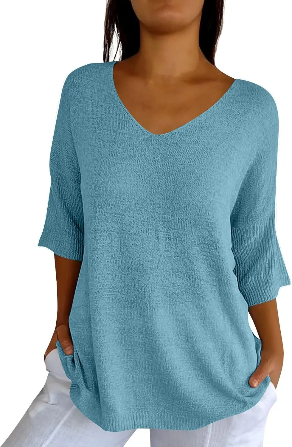 Women's Fall 3/4 Sleeve Sweaters 2024 Casual Crewneck Ribbed Knit Flower Striped Loose Pullover Tops Plus Size