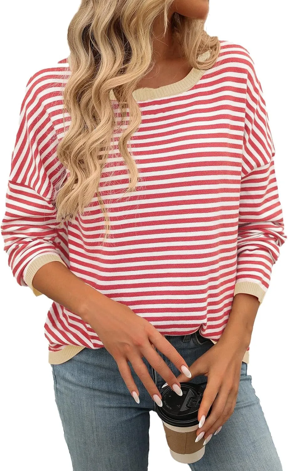 Womens Fall Long Sleeve Striped Color Block Chunky Sweater Plus Size Fall Fashion Lantern Sleeve Blouse Tops
