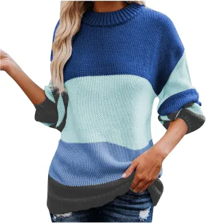 Womens Fall Long Sleeve Striped Color Block Chunky Sweater Plus Size Fall Fashion Lantern Sleeve Blouse Tops