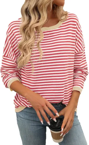 Womens Fall Long Sleeve Striped Color Block Chunky Sweater Plus Size Fall Fashion Lantern Sleeve Blouse Tops