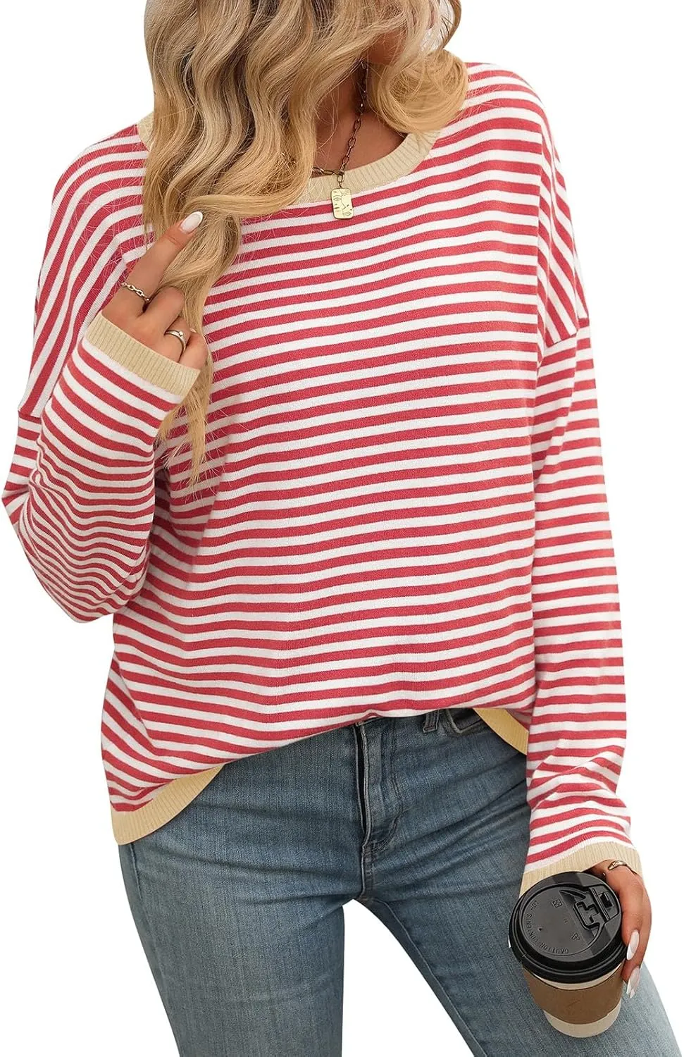 Womens Fall Long Sleeve Striped Color Block Chunky Sweater Plus Size Fall Fashion Lantern Sleeve Blouse Tops