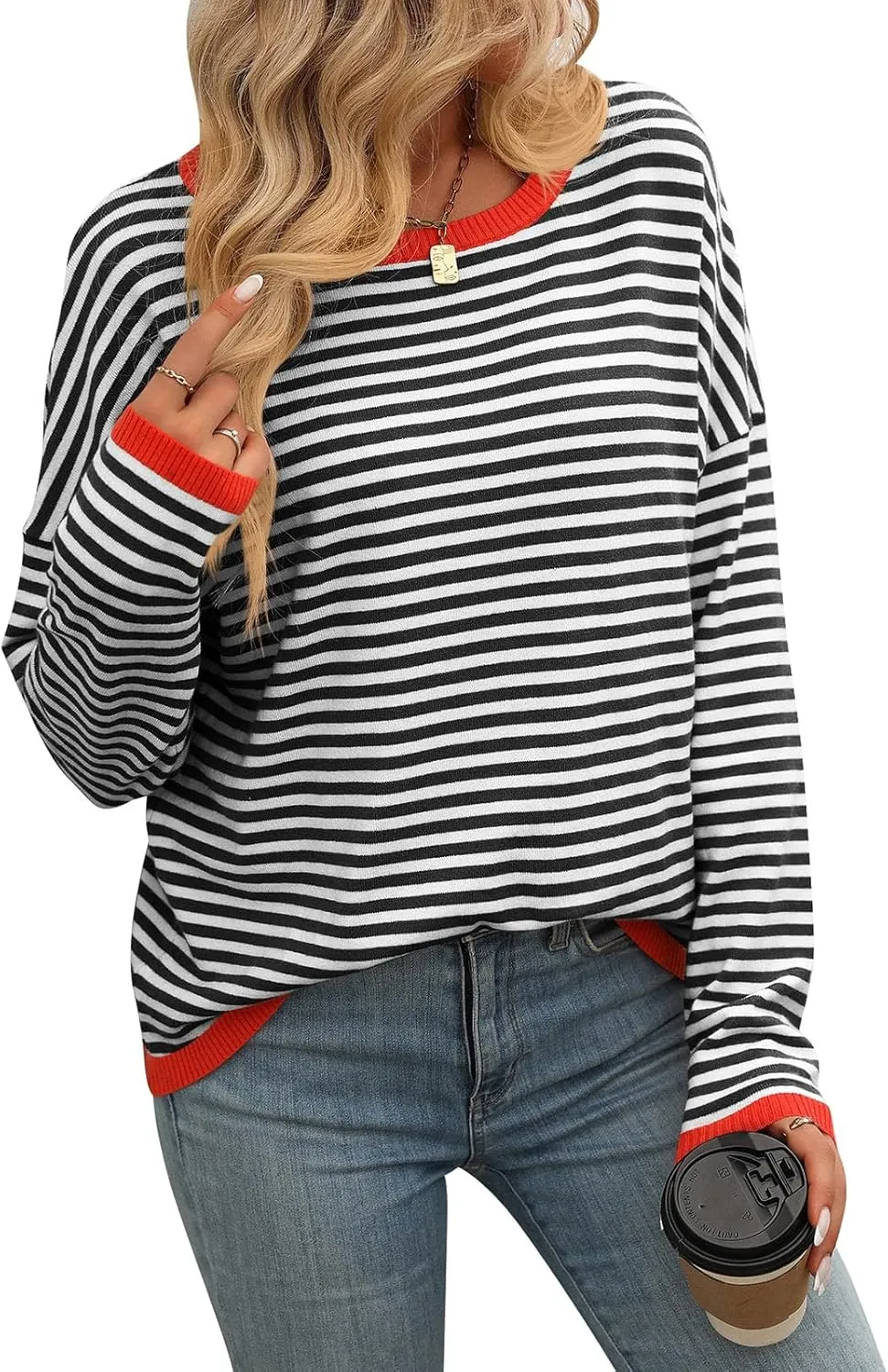 Womens Fall Long Sleeve Striped Color Block Chunky Sweater Plus Size Fall Fashion Lantern Sleeve Blouse Tops