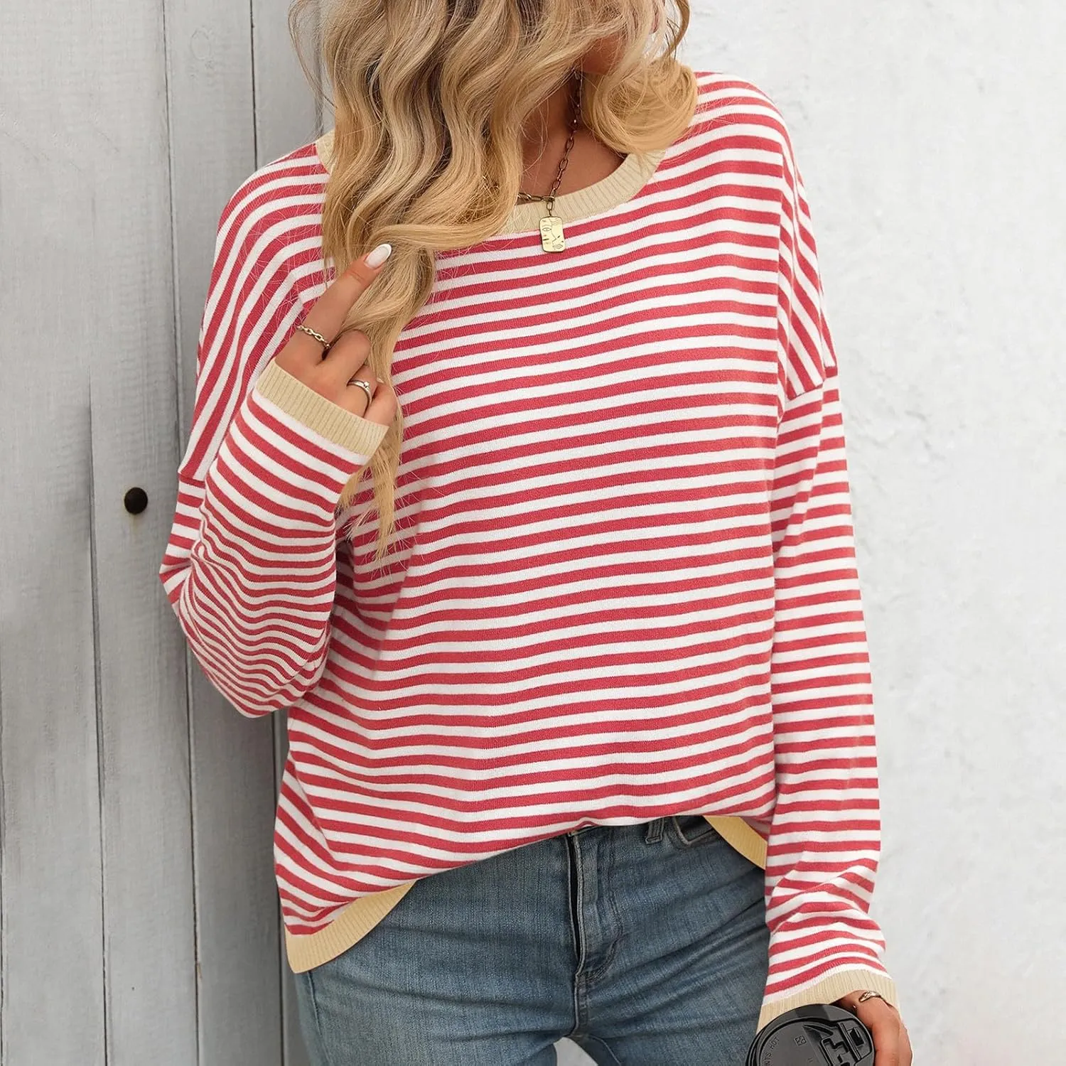 Womens Fall Long Sleeve Striped Color Block Chunky Sweater Plus Size Fall Fashion Lantern Sleeve Blouse Tops