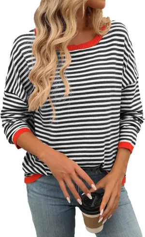 Womens Fall Long Sleeve Striped Color Block Chunky Sweater Plus Size Fall Fashion Lantern Sleeve Blouse Tops