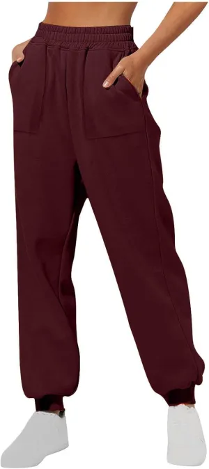 Womens Fleece Lined Baggy Cinch Bottom Sweatpants Sport Solid Color Yoga with Pockets Trousers Loose Fit Casual Soft