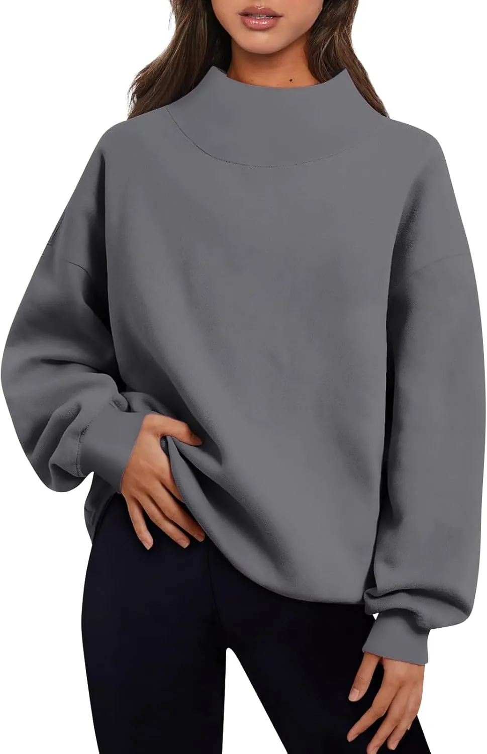 Women's French Terry Sweatshirt Fashion Solid Color Long Sleeve Loose Slit Half Turtleneck Sweatshirt Top, S-3XL