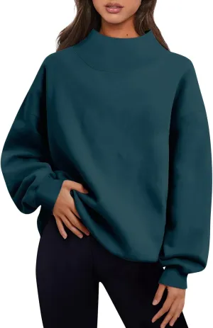 Women's French Terry Sweatshirt Fashion Solid Color Long Sleeve Loose Slit Half Turtleneck Sweatshirt Top, S-3XL