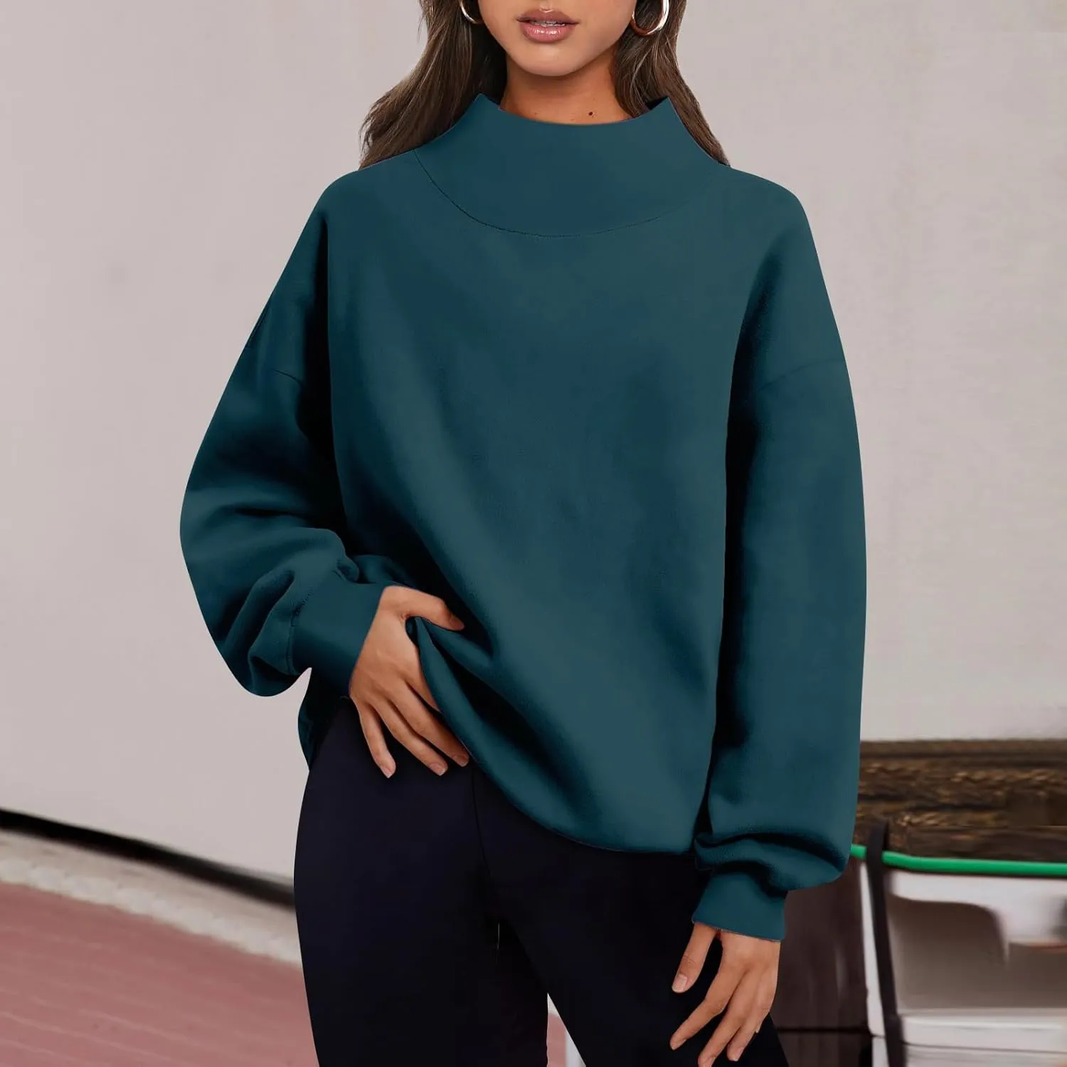 Women's French Terry Sweatshirt Fashion Solid Color Long Sleeve Loose Slit Half Turtleneck Sweatshirt Top, S-3XL