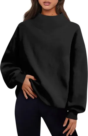 Women's French Terry Sweatshirt Fashion Solid Color Long Sleeve Loose Slit Half Turtleneck Sweatshirt Top, S-3XL