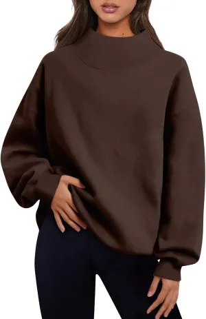 Women's French Terry Sweatshirt Fashion Solid Color Long Sleeve Loose Slit Half Turtleneck Sweatshirt Top, S-3XL