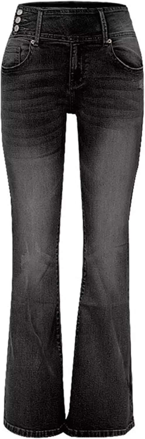 Women's Fringe Washed Bootleg Jeans Ripped Flare Low Rise Fitted Denim Pants Classic Stretch Curvy Bootcut Jeans