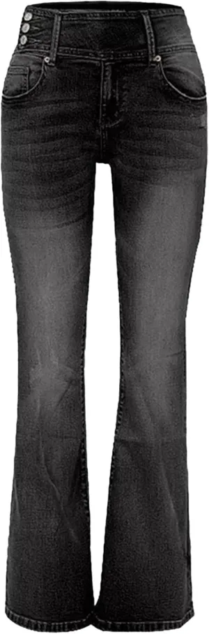 Women's Fringe Washed Bootleg Jeans Ripped Flare Low Rise Fitted Denim Pants Classic Stretch Curvy Bootcut Jeans