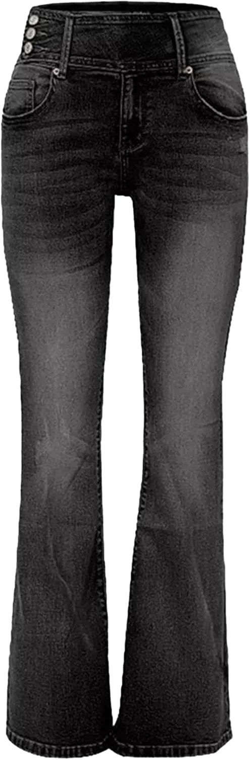 Women's Fringe Washed Bootleg Jeans Ripped Flare Low Rise Fitted Denim Pants Classic Stretch Curvy Bootcut Jeans