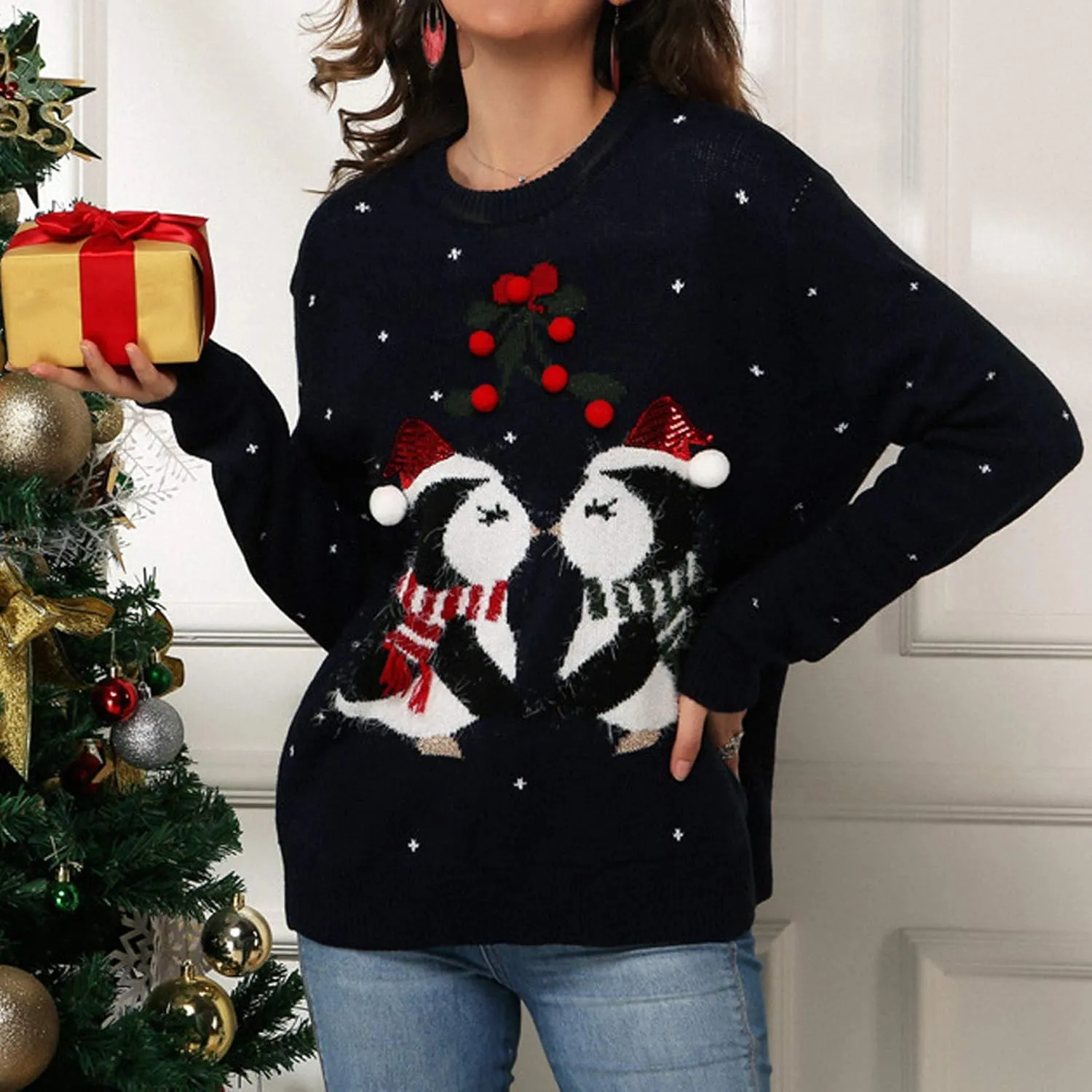 Women's Funny Christmas Tree Ugly Pullover Sweater Snowflake Long Sleeve Shirt Fall Lightweight Blouse Tops