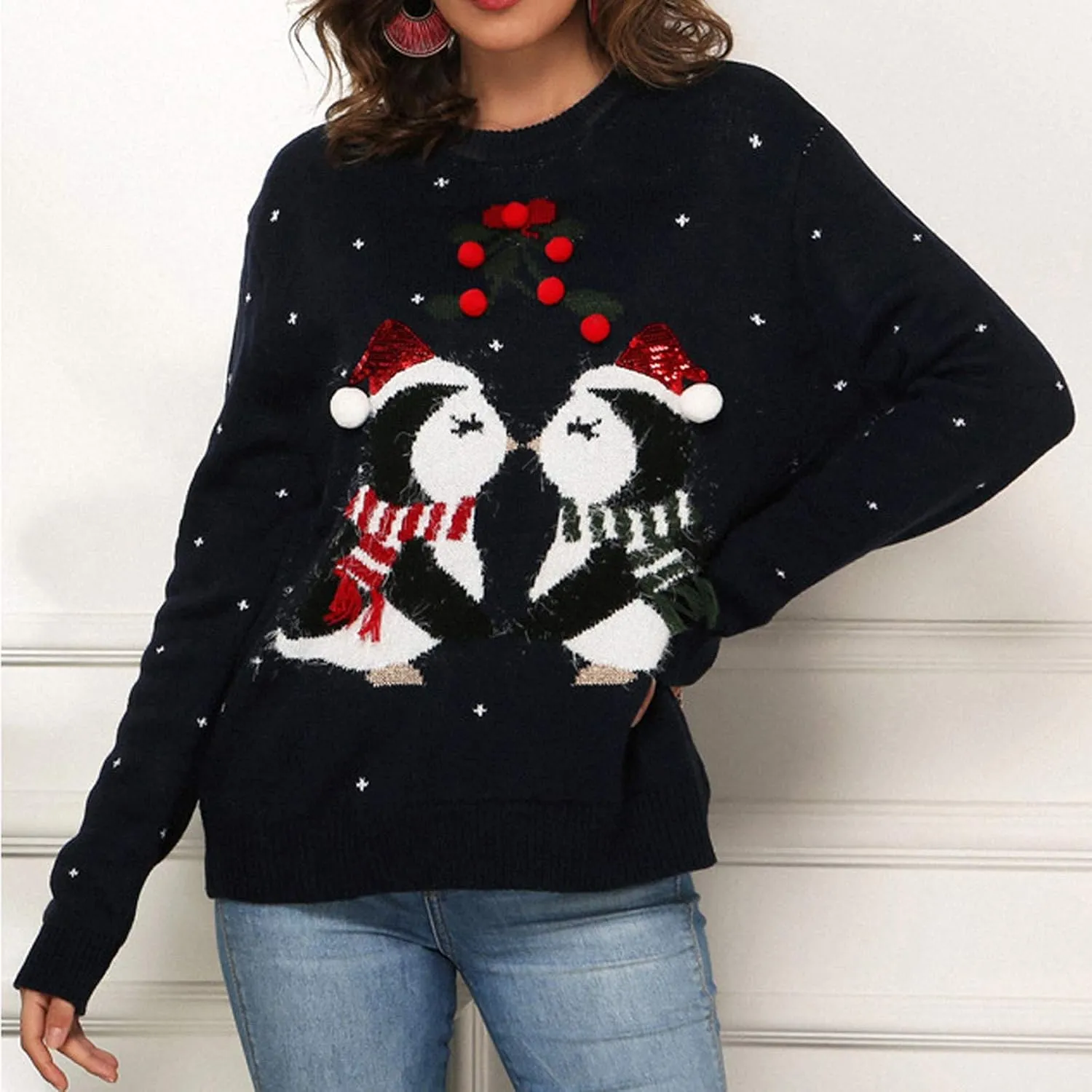 Women's Funny Christmas Tree Ugly Pullover Sweater Snowflake Long Sleeve Shirt Fall Lightweight Blouse Tops