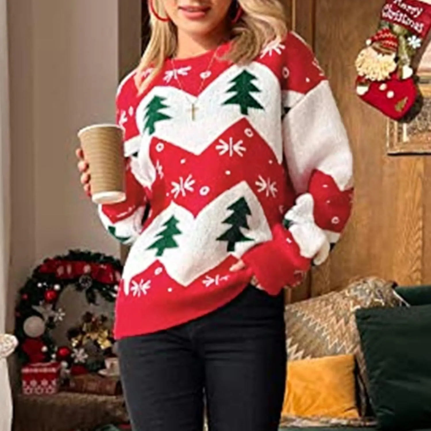 Women's Funny Christmas Tree Ugly Pullover Sweater Snowflake Long Sleeve Shirt Fall Lightweight Blouse Tops