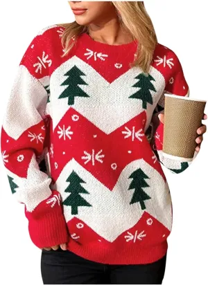 Women's Funny Christmas Tree Ugly Pullover Sweater Snowflake Long Sleeve Shirt Fall Lightweight Blouse Tops
