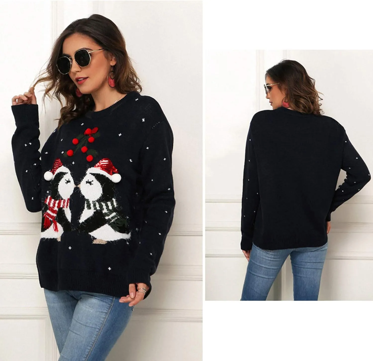 Women's Funny Christmas Tree Ugly Pullover Sweater Snowflake Long Sleeve Shirt Fall Lightweight Blouse Tops